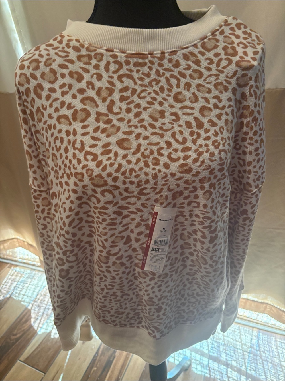 Time and Tru Cream and Brown Leopard Print Pullover Sweatshirt
